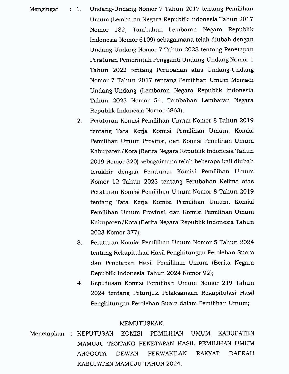 PENGUMUMAN KPU KAB. MAMUJU TENTANG PENETAPAN HASIL REKAPITULASI PEMILU ...